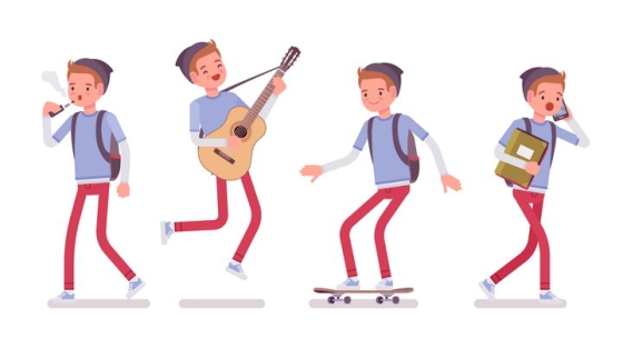 4款高兴情绪的卡通年轻人玩吉他滑板图片免抠矢量素材