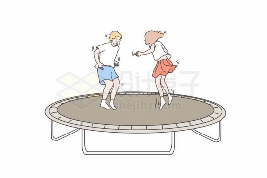 2个卡通小朋友正在蹦床上玩耍手绘线条插画1974713矢量图片免抠素材免费下载