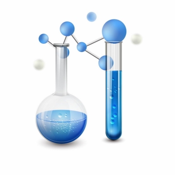 蓝色分子和圆底烧瓶试管等化学实验教学仪器6116861AI矢量图片免抠素材