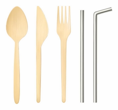 木制勺子刀叉西餐餐具和金属吸管png图片免抠矢量素材