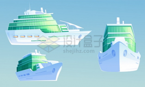 绿色的卡通邮轮游轮轮船三视图png图片素材