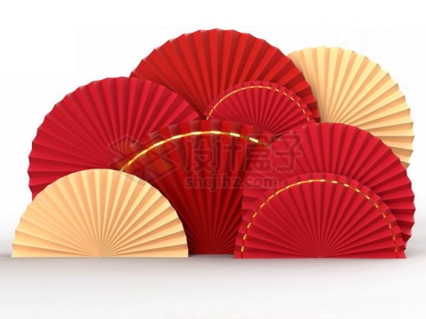 红色金色纸折扇中国风装饰3D模型4765888矢量图片免抠素材