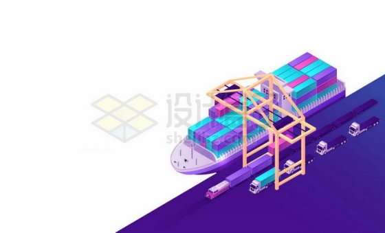 3D立体风格繁忙的洋山港集装箱码头港口货轮和集装箱装卸桥4431069矢量图片免抠素材