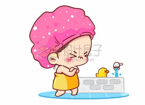 卡通小女孩准备洗澡时候发现洗澡水漫过了浴缸3655172矢量图片免抠素材