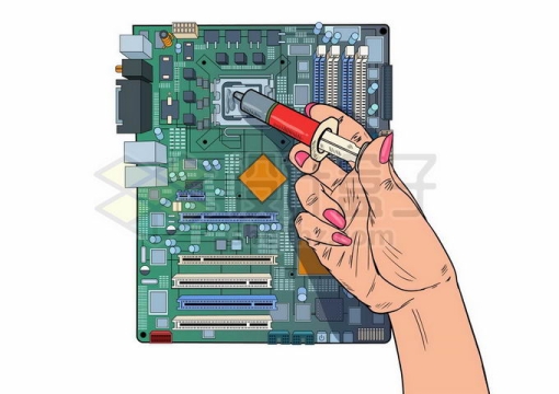 一只手用针筒给电脑主板上的CPU处理器添加散热硅脂导热硅胶4708548矢量图片免抠素材