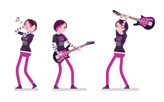 3款愤怒情绪的弹吉他的卡通女孩图片免抠矢量素材