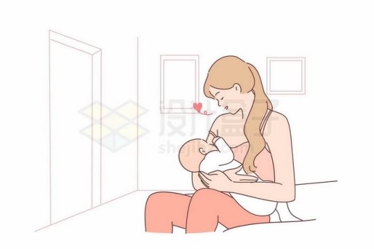 卡通妈妈正在给婴儿喂奶手绘线条插画9598853矢量图片免抠素材免费下载