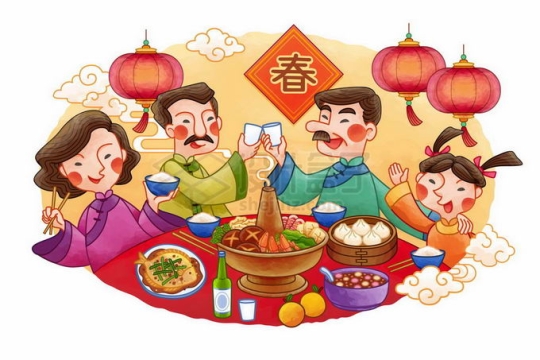 新年春节一家人围坐在一起吃年夜饭团圆饭插画3735016矢量图片免抠素材