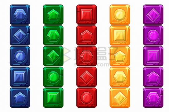 5种颜色25款游戏水晶宝石按钮png图片素材
