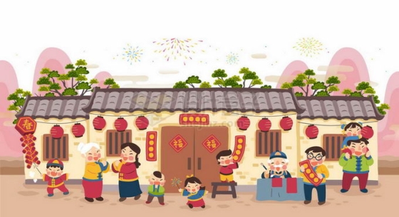 春节新年在老家老房子前玩耍的人群过年插画5200820矢量图片免抠素材