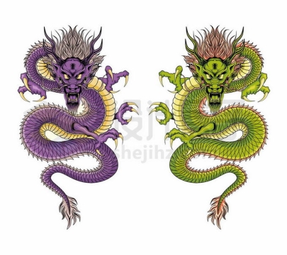 2条紫龙和青龙中国龙插画9692836矢量图片免抠素材