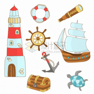卡通灯塔救生圈方向舵帆船宝物箱等手绘插画png图片素材
