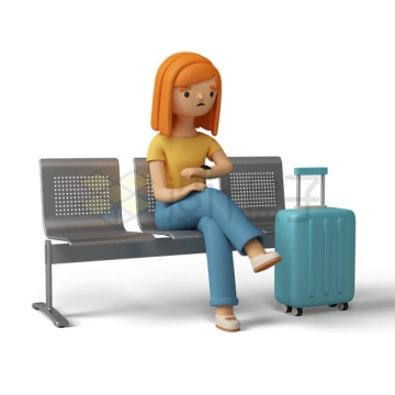 卡通女孩坐在金属长椅机场车站候车厅和行李箱出行5542191PSD免抠图片素材
