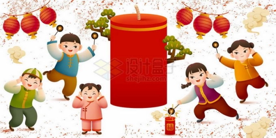 新年春节放鞭炮的一群卡通小孩1292622矢量图片免抠素材