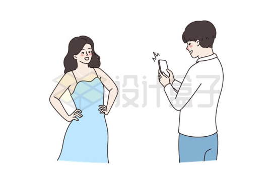 卡通男人用手机给女朋友拍照线条插画8153716矢量图片免抠素材