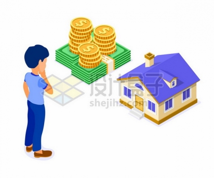 2.5D风格金币钞票和房子象征了买房子房贷319738png矢量图片素材