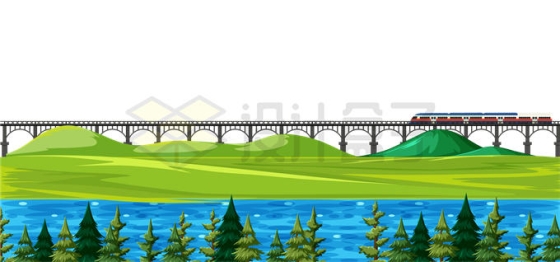 近处的河流森林草原和远处高架桥上的高铁列车3093114矢量图片免抠素材