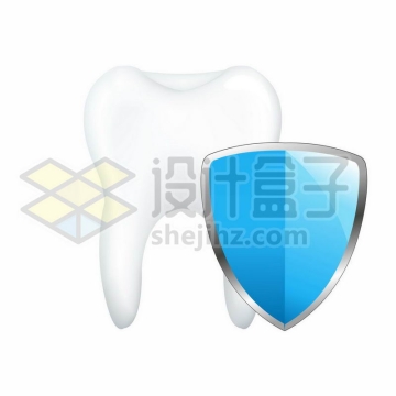 洁白的牙齿和蓝色的防护盾保护牙齿健康6541100矢量图片免费下载