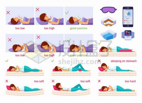 各种枕头的正确用法和颈椎病正确睡姿png图片免抠矢量素材
