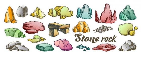 各种形状和颜色的手绘风格岩石石头图片免抠矢量素材