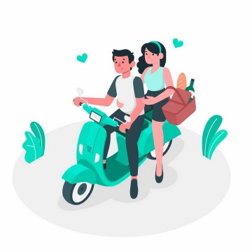 绿色扁平插画风格骑电动车摩托车的情侣png图片免抠矢量素材