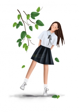 彩绘风格绿色树叶下的水手服校服短裙青春甜美女孩png图片免抠素材