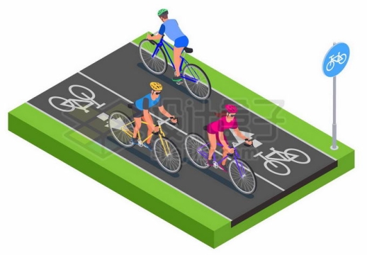2.5D风格专用自行车道和上面骑车的人4044480矢量图片免抠素材