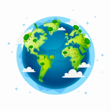 蓝色海洋绿色大地的卡通地球模型上长着大树保护地球环境主题插画png图片素材