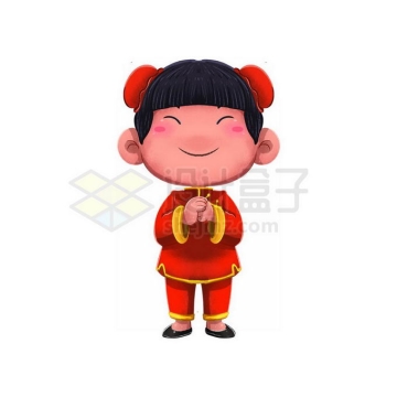 拱手拜年哈哈大笑的卡通女人新年春节人物插画9100427PSD免抠图片素材