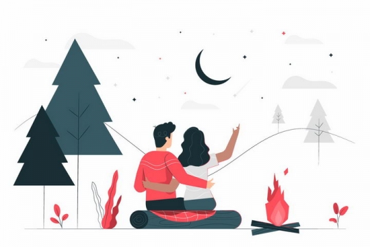 扁平插画风格野营生起篝火看月亮和星星的情侣png图片免抠矢量素材