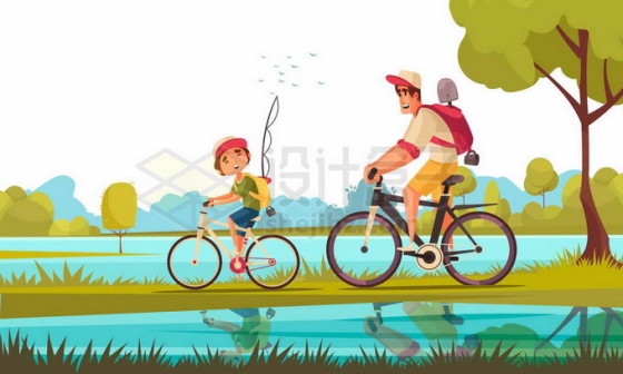 卡通小男孩和爸爸周末骑着自行车出去钓鱼郊游9830517矢量图片免抠素材