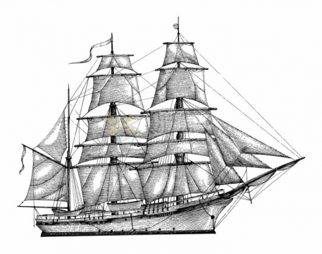 一艘复古大型帆船手绘素描插画png图片免抠矢量素材