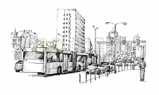 铅笔手绘速写城市街景繁华的城市交通道路插画8042127矢量图片免抠素材免费下载