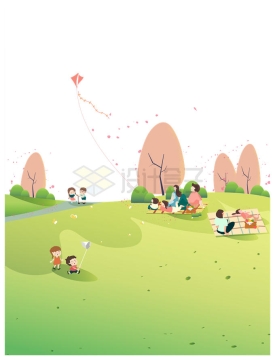 春天草地上郊游春游踏青放风筝野餐的人群插画8008915矢量图片免抠素材