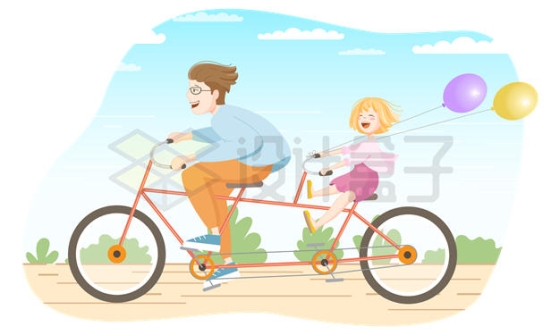 春天里卡通爸爸骑自行车带着女儿春游一起玩8872974矢量图片免抠素材下载