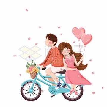 情人节卡通男孩带着女朋友骑自行车和心形气球8235083矢量图片免抠素材