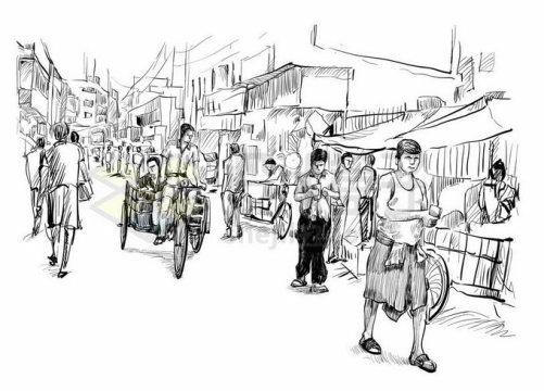 铅笔手绘速写风格狭窄的城市街道繁华的小巷子充满生活气息2313468矢量图片免抠素材免费下载