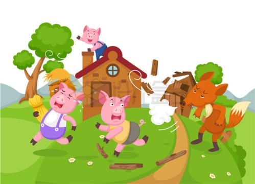 三只小猪童话故事大灰狼吹房子儿童故事插画1155410矢量图片免抠素材