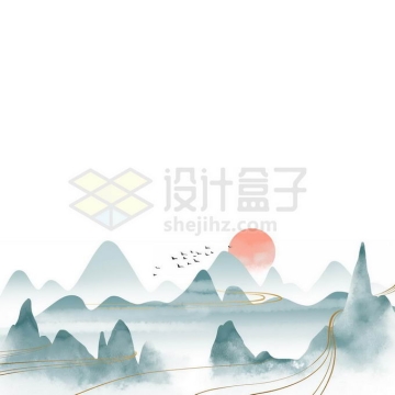 金丝线风格国潮中国传统青山绿水山水画免抠图片素材