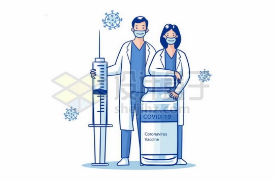 2个卡通医生拿着针筒注射器和新冠疫苗西林瓶5900351矢量图片免抠素材免费下载