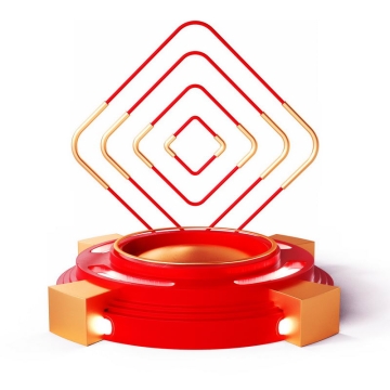 3D立体金色红色方形装饰红色金色圆形展台5739172免抠图片素材