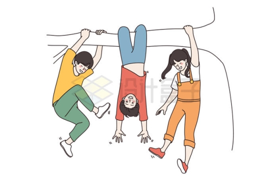 三个卡通小朋友爬树倒挂在枝头上童年回忆插画2487212矢量图片免抠素材