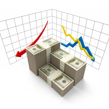 3D立体风格摆放整齐的美元钞票和红色黄色蓝色箭头象征了经济股市危机933831png图片素材
