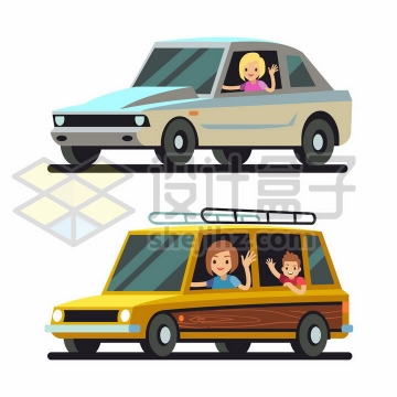 两辆卡通汽车载着一家人png图片免抠矢量素材