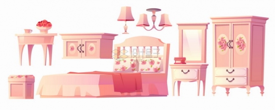 柜子大床化妆镜衣柜等卧室粉色卡通家具png图片素材