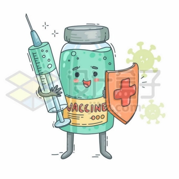 可爱的卡通西林瓶新冠疫苗拿着注射器和防护盾4628492矢量图片免抠素材免费下载