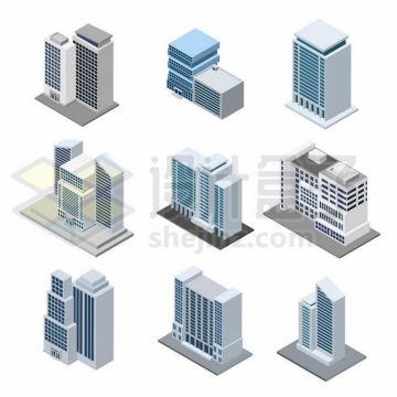 9款2.5D风格蓝灰色的高层建筑高楼大厦城市建筑物8775621矢量图片免抠素材
