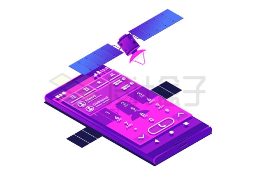 2.5D风格紫色手机上的通讯卫星GPS导航卫星3917476矢量图片免抠素材
