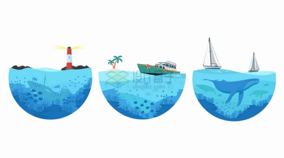 半球形的海洋海水中的灯塔轮船和帆船png图片素材