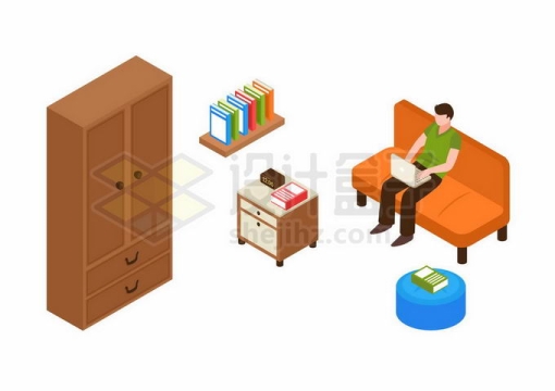 2.5D风格男人坐在沙发上玩笔记本电脑衣橱柜子等家具7254614矢量图片免抠素材